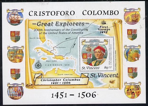 St Vincent 1988 Columbus perf m/sheet (Unissued $6) unmounted mint and scarce (only 300 believed to exist). , stamps on , stamps on  stamps on columbus, stamps on  stamps on explorers, stamps on  stamps on personalities, stamps on  stamps on parrots, stamps on  stamps on ships, stamps on  stamps on maps