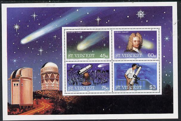 St Vincent 1986 Halleys Comet m/sheet containing set of 4 unmounted mint, SG MS 977, stamps on space, stamps on telescope, stamps on halley