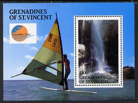 St Vincent - Grenadines 1988 Baleine Falls $10 m/sheet (also showing Wind Surfer) unmounted mint SG MS 563, stamps on , stamps on  stamps on waterfalls      sailing