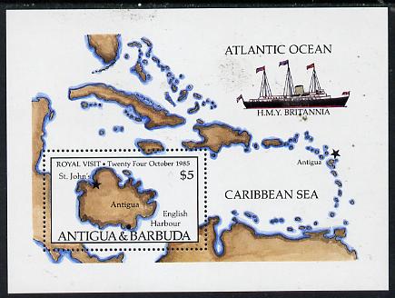 Antigua 1985 Royal Visit m/sheet showing Map & HMY Britannia unmounted mint, SG MS 968, stamps on ships, stamps on maps, stamps on royalty, stamps on royal visit, stamps on scots, stamps on scotland