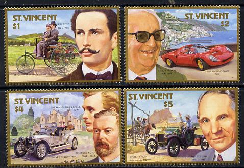 St Vincent 1987 Centenary of Motoring (with Designers) set of 4 unmounted mint SG 1085-88, stamps on , stamps on  stamps on cars  personalities  transport     ford     rolls royce     ferrari    benz