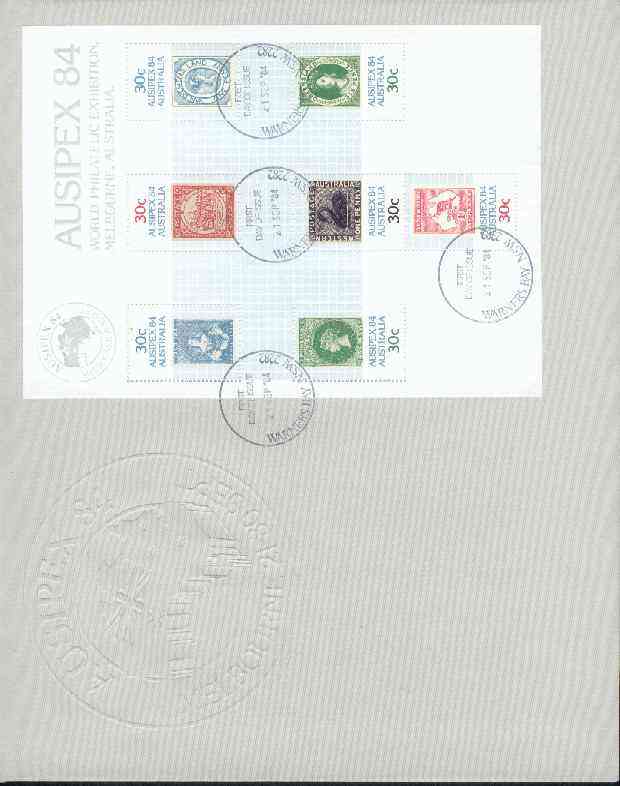 Australia 1984 'Ausipex 84' Stamp Exhibition m/sheet (Stamp on Stamp) on special cover with first day cancels, SG MS 945, stamps on stamp on stamp, stamps on stamp exhibitions, stamps on stamponstamp