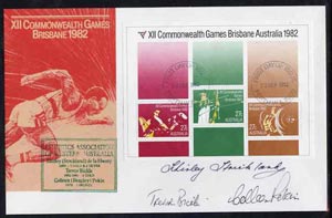 Australia 1982 Commonwealth Games m/sheet on cover with first day cancels and signed by Shirley Strickland, Trevor Bickle and Colleen Pekin, SG MS 863, stamps on sport, stamps on athletics, stamps on archery, stamps on boxing, stamps on weightlifting, stamps on weights, stamps on running