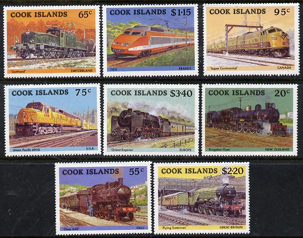 Cook Islands 1985 Famous Trains set of 8 unmounted mint, SG 1022-29*, stamps on , stamps on  stamps on railways