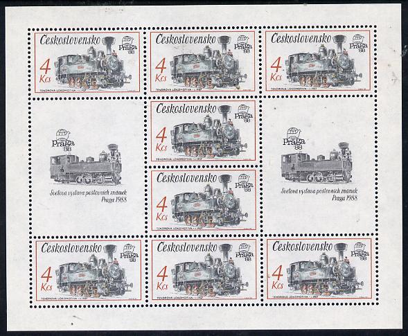 Czechoslovakia 1987 Praga 88 Stamp Exhibition (2nd Issue) 4k Tank Locomotive in sheetlet of 8 plus 2 labels unmounted mint, from Communications set of 5 (SG 2882), stamps on railways, stamps on stamp exhibitions