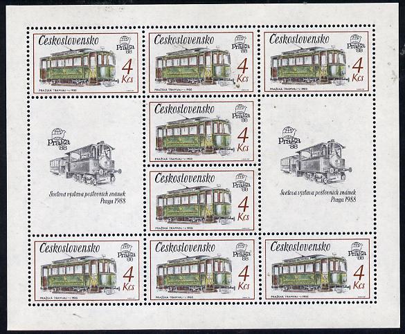 Czechoslovakia 1987 'Praga 88' Stamp Exhibition (2nd Issue) 4k Tram in sheetlet of 8 plus 2 labels unmounted mint, from Communications set of 5 (SG 2883), stamps on , stamps on  stamps on trams       buses, stamps on  stamps on stamp exhibitions