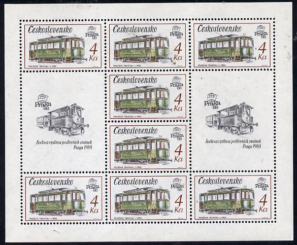 Czechoslovakia 1987 Praga 88 Stamp Exhibition (2nd Issue) 4k Tram in sheetlet of 8 plus 2 labels unmounted mint, from Communications set of 5 (SG 2883), stamps on trams       buses, stamps on stamp exhibitions