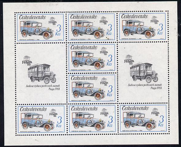 Czechoslovakia 1987 'Praga 88' Stamp Exhibition (2nd Issue) 3k Mail Van in sheetlet of 8 plus 2 labels unmounted mint, from Communications set of 5 (SG 2881), stamps on , stamps on  stamps on transport, stamps on  stamps on stamp exhibitions