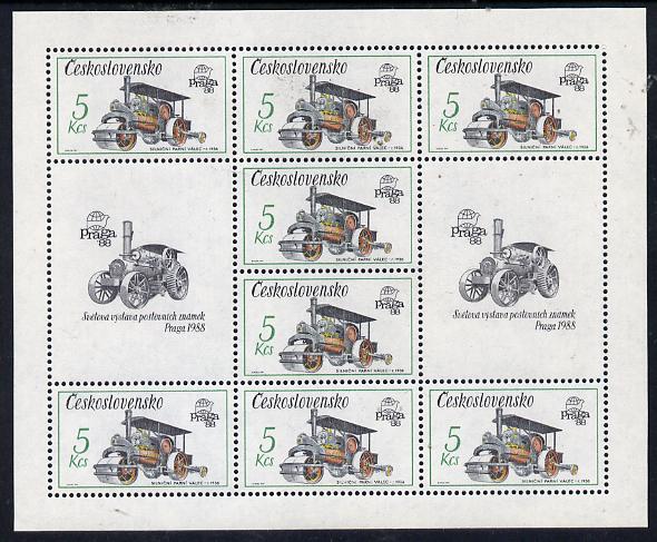 Czechoslovakia 1987 Praga 88 Stamp Exhibition (2nd Issue) 5k Steam Roller in sheetlet of 8 plus 2 labels unmounted mint, from Communications set of 5 (SG 2884), stamps on civil engineering     roads, stamps on stamp exhibitions