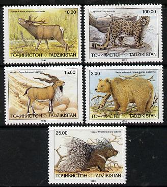 Tadjikistan 1993 Mammals set of 5 unmounted mint, SG 23-27, Mi 22-26*, stamps on , stamps on  stamps on animals       mammals     bear    deer    porcupine     leopard     cats, stamps on  stamps on scots, stamps on  stamps on scotland