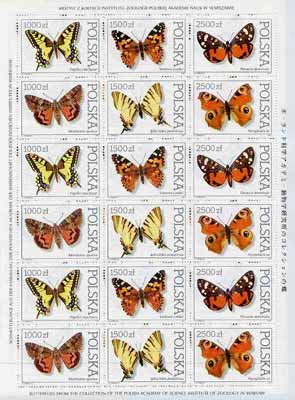 Poland 1991 Butterflies & Moths sheetlet of 18 (3 sets of 6) unmounted mint as SG 3369-74, Mi 3343-48, stamps on butterflies
