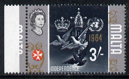 Malta 1965-70 Historical def 3s (Dove & Independence) with fine 2.5mm shift of gold (part of framework through perforations)*, stamps on , stamps on  stamps on birds, stamps on doves