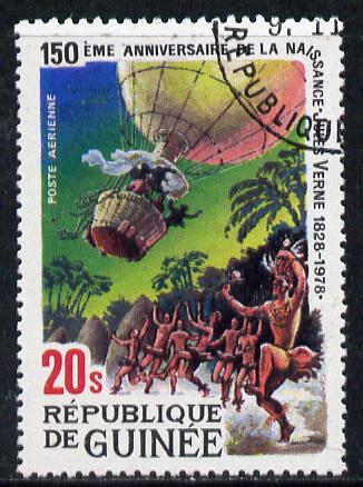 Guinea - Conakry 1979 Birth Anniversary of Jules Verne (Author) 20s (Five Weeks in a Balloon) fine used, SG 1003, stamps on aviation, stamps on airships, stamps on literature, stamps on books, stamps on underwater, stamps on sci-fi