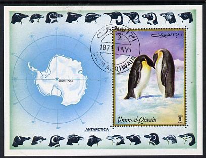 Umm Al Qiwain 1972 Antarctica imperf m/sheet (Penguins & Map) cto used Mi BL 51, stamps on , stamps on  stamps on polar    penguins   maps