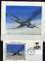 Great Britain 1986 History of the Royal Air Force - original hand-painted artwork  by Gordon G Davies showing the Mosquito Bomber, as used to illustrate Benham silk limited edition cover commemorating the 46th Anniversary of The Battle of Britain, approx 5 x 4 plus the matching Benham silk cover, a magnificent and attractive unit, stamps on , stamps on  stamps on aviation, stamps on  stamps on  ww2 , stamps on  stamps on  raf , stamps on  stamps on mosquito