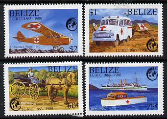 Belize 1988 125th Anniversary of Red Cross perf set of 4 unmounted mint SG 1045-8, stamps on , stamps on  stamps on red cross, stamps on  stamps on horses, stamps on  stamps on hospitals, stamps on  stamps on ships, stamps on  stamps on aviation, stamps on  stamps on ambulances