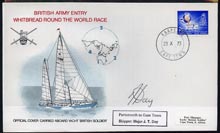 South Africa 1974 British Army Round the World Yacht race cover carried on board 'British Soldier' during stage 1 (Portsmouth to Cape Town) bearing S Africa 2c Pouring Gold stamp with Cape Town cds cancel signed by Skipper, Major J T Day, stamps on , stamps on  stamps on militaria    yacht    minerals     sailing