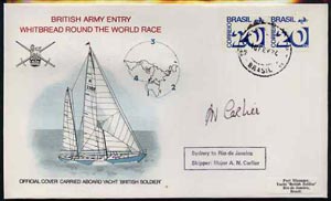 Brazil 1974 British Army Round the World Yacht race cover carried on board 'British Soldier' during stage 3 (Sydney to Rio) bearing 2 x Brazil 20c stamps with Brazil cds cancel signed by Skipper Major A N Carlier, stamps on , stamps on  stamps on militaria    yacht      sailing