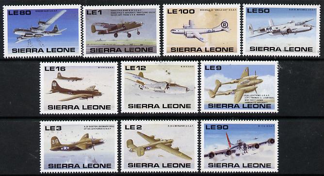 Sierra Leone 1990 50th Anniversary of end of World War II (American Aircraft) set of 10 unmounted mint, SG 1417-26*, stamps on , stamps on  stamps on aviation, stamps on  stamps on  ww2  , stamps on  stamps on consolidated, stamps on  stamps on douglas, stamps on  stamps on lockheed, stamps on  stamps on martin, stamps on  stamps on boeing       