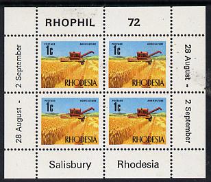 Rhodesia 1972 Rhophil 72 Stamp Exhibition sheetlet containing 4 x 1c (Wheat) unmounted mint, SG MS 474, stamps on agriculture, stamps on food, stamps on wheat, stamps on stamp exhibitions