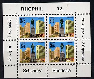 Rhodesia 1972 Rhophil 72 Stamp Exhibition sheetlet containing 4 x 3.5c (Statue of Rhodes) unmounted mint, SG MS 476, stamps on statues.personalities, stamps on constitutions, stamps on stamp exhibitions