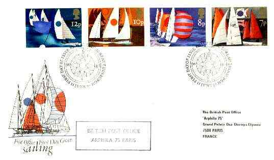 Great Britain 1975 Sailing set of 4 on cover with first Day Cancel and 'British Post Office/ Arphila 1975' cachet in violet, stamps on ships     yachts     stamp exhibitions    sailing