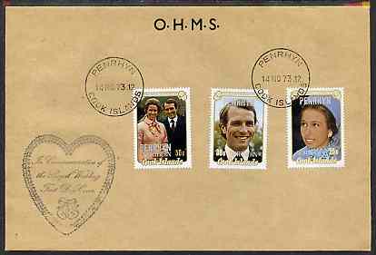 Cook Islands - Penrhyn 1973 Royal Wedding set of 3 on OHMS cover with commem cachet and first day cancel, stamps on royalty, stamps on anne & mark