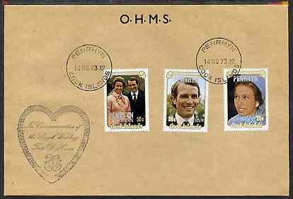 Cook Islands - Penrhyn 1973 Royal Wedding set of 3 on OHMS cover with commem cachet and first day cancel, stamps on , stamps on  stamps on royalty, stamps on  stamps on anne & mark