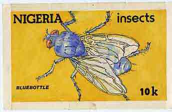 Nigeria 1986 Insects - original hand-painted artwork (unaccepted) essay for 10k value (Bluebottle) on card 8.5 x 5, stamps on insects