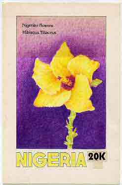 Nigeria 1987 Flowers - original hand-painted artwork for 20k value (Hibiscus) by Francis Isibor on card 5 x 8.5 endorsed B1, stamps on flowers