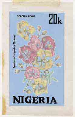 Nigeria 1987 Flowers - original hand-painted artwork for 20k value (Delonix Regia) by Godrick N Osuji on card 5 x 8.5 endorsed F4, stamps on , stamps on  stamps on flowers