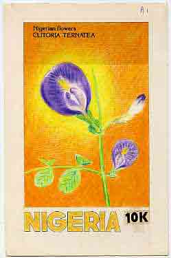 Nigeria 1987 Flowers - original hand-painted artwork for 10k value (Clitoria Ternatea) by Francis Isibor on card 5 x 8.5 endorsed A1, stamps on flowers