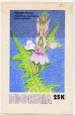 Nigeria 1987 Flowers - original hand-painted artwork for 25k value (Acanthus) by Francis Isibor on card 5 x 8.5 endorsed C1, stamps on , stamps on  stamps on flowers