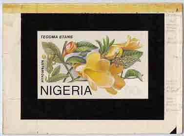 Nigeria 1986 Nigerian Life (?) - original hand-painted artwork showing Tecoma Stans (Flower) by NSP&MCo artist (possibly intended for the definitive issue) on board 6 x 4..., stamps on flowers