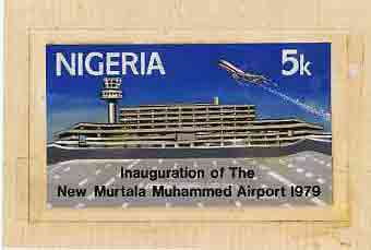 Nigeria 1973 Opening of Murtala Muhammed Airport - original hand-painted artwork for 5k value (as issued) by A Onwudimegwu on card 7 x 4, stamps on aviation, stamps on airports