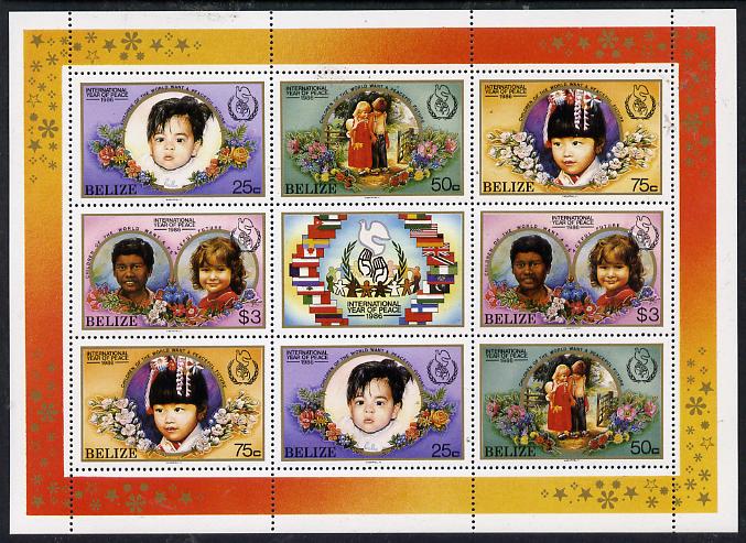 Belize 1986 International Peace Year perf sheetlet containing 2 sets of 4 plus label unmounted mint SG 957-60, stamps on , stamps on  stamps on peace, stamps on  stamps on children