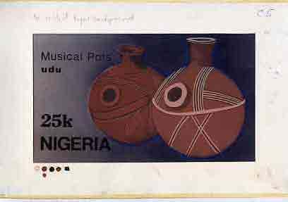 Nigeria 1990 Pottery - original hand-painted artwork for 25k value (Musical Pot) by Hilda Woods similar to issued stamp on card 8.5 x 5 endorsed C5, stamps on , stamps on  stamps on crafts    music   pottery