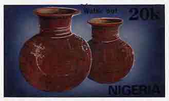 Nigeria 1990 Pottery - original hand-painted artwork for 20k value (Water Pot) by G Akinola similar to issued stamp on card 8.5 x 5 with Bromide Proof h/stamp on back, stamps on crafts      pottery