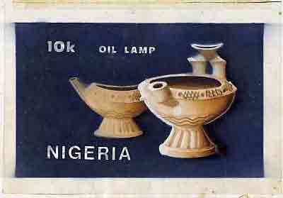 Nigeria 1990 Pottery - original hand-painted artwork for 10k value (Oil Lamp) by NSP&MCo Staff Artist F O Abdul similar to issued stamp on card 8.5 x 5 with 'Bromide Proof' h/stamp on back, stamps on , stamps on  stamps on crafts      pottery