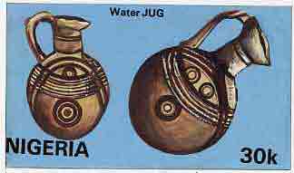 Nigeria 1990 Pottery - original hand-painted artwork for 30k value (Water Jug) by S O Nwasike similar to issued stamp on card 8.5 x 5 endorsed D4 with 'Bromide Proof' h/stamp on back, stamps on , stamps on  stamps on crafts      pottery