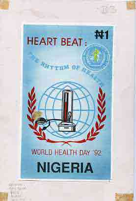 Nigeria 1992 World Health Day (Heart) - original hand-painted artwork for issued 1n value (Blood Pressure Gauge) presumably by Godrick N Osuji on board 5 x 8.5 endorsed B..., stamps on medical, stamps on heart, stamps on blood