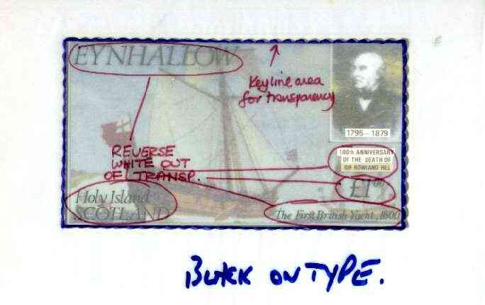 Eynhallow 1979 Rowland Hill (The First British Yacht) - Original artwork for souvenir sheet (A31 value) comprising coloured illustration on board (165 mm x 90 mm) with overlay, plus issued label, stamps on , stamps on  stamps on ships   postal     rowland hill