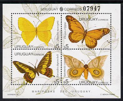 Uruguay 1995 Butterflies sheetlet containing set of 4 x $5 values unmounted mint, stamps on , stamps on  stamps on butterflies