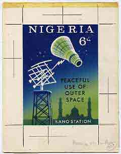 Nigeria 1963 Peaceful Use of Outer Space - original hand-painted artwork for issued 6d value (Mercury Capsule & Kano) by R Hegeman on board 4 x 5.5 , stamps on , stamps on  stamps on space
