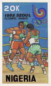 Nigeria 1988 Seoul Olympic Games - original hand-painted artwork for 20k value (Boxing) by Godrick N Osuji on card 5 x 8.5  endorsed B1, stamps on boxing    olympics    sport
