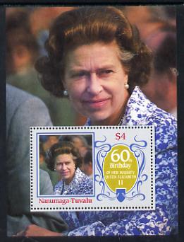 Tuvalu - Nanumaga 1986 Queen Elizabeth 60th Birthday $4 m/sheet unmounted mint, stamps on royalty     60th birthday