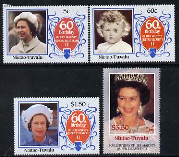 Tuvalu - Niutao 1986 Queen Elizabeth 60th Birthday set of 4 unmounted mint, stamps on , stamps on  stamps on royalty     60th birthday