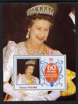 Tuvalu - Niutao 1986 Queen Elizabeth 60th Birthday $5 m/sheet unmounted mint, stamps on royalty     60th birthday