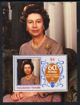 Tuvalu - Nukulaelae 1986 Queen Elizabeth 60th Birthday $4 m/sheet unmounted mint, stamps on royalty     60th birthday