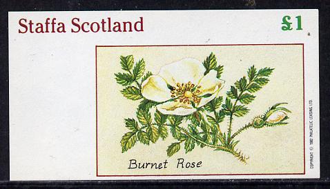 Staffa 1982 Roses #4 (Burnet Rose) imperf souvenir sheet (£1 value)  unmounted mint, stamps on flowers    roses